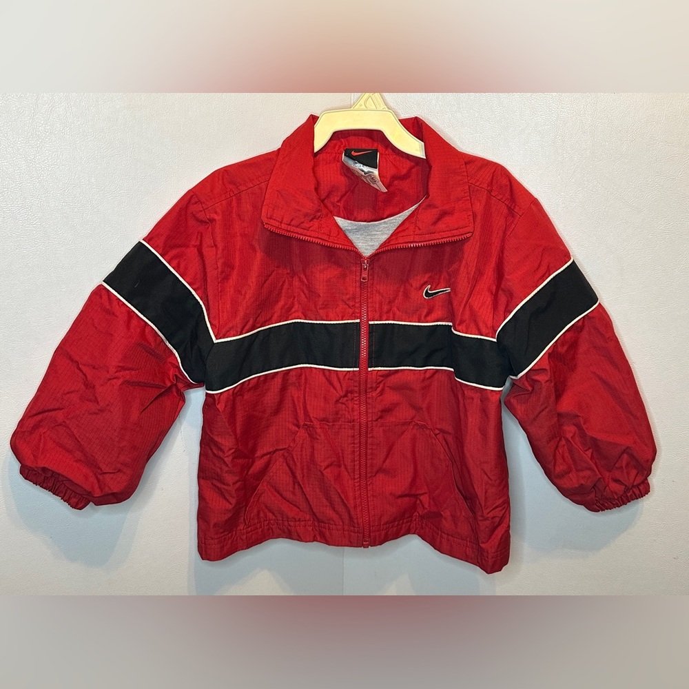 Boys Vintage Nike Red Black & White Color Block Full Zip Windbreaker Jacket SZ 4
